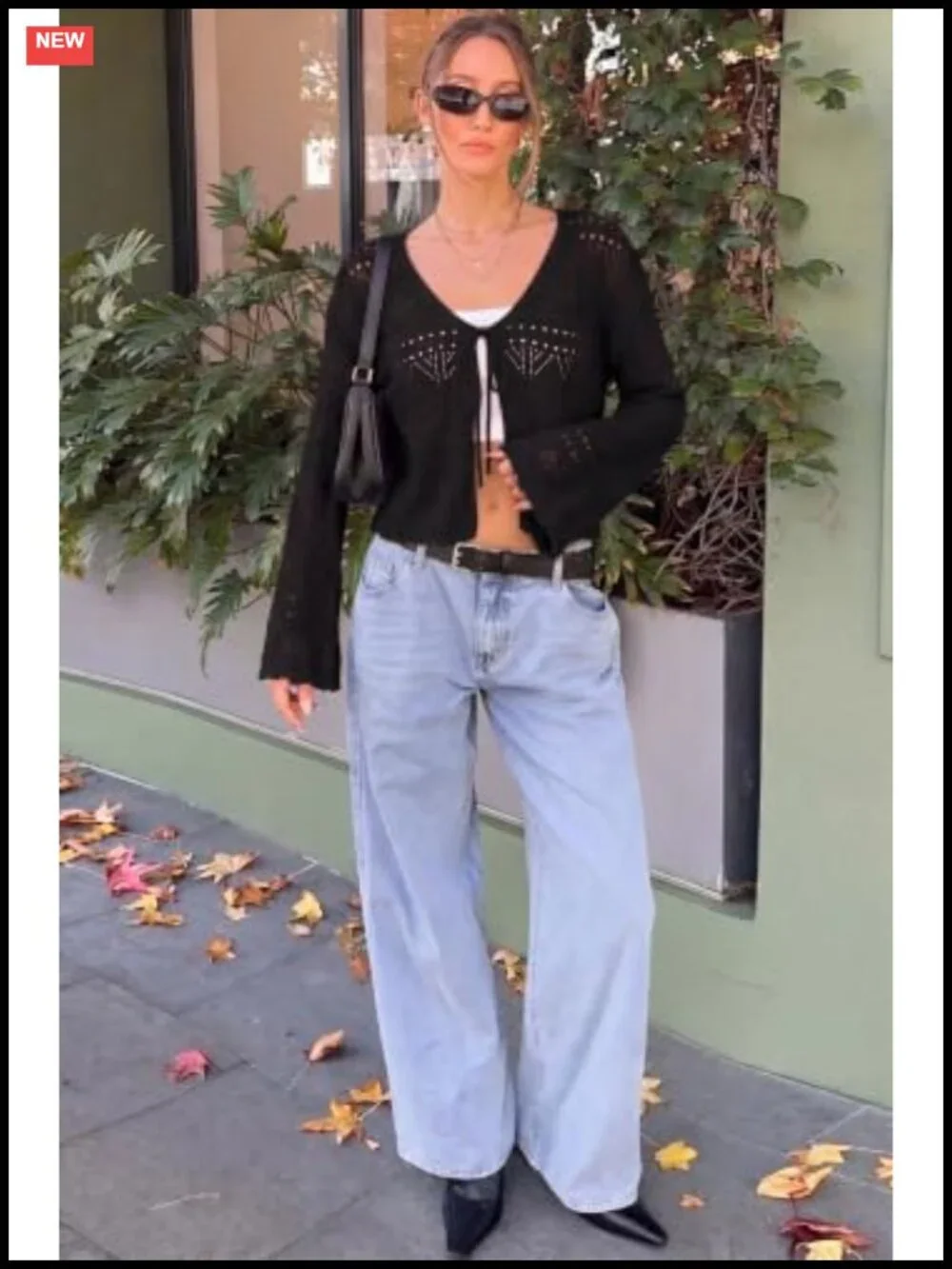 Crochet Cropped Cardigan Tie Front Shrug Sweater Bell Sleeve Boho Knit